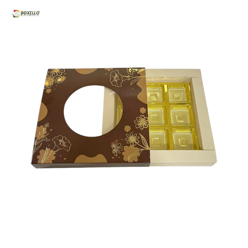 9 Pcs Chocolate Box with Gold Foiling | Golden Tray ( 5.7" x 5.7" x 1")