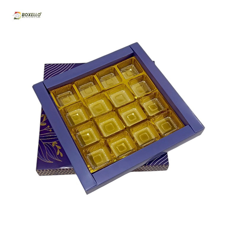 16 Pcs Chocolate Box with Gold foiling | Golden Tray ( 7.5" x 7.5" x 1" )