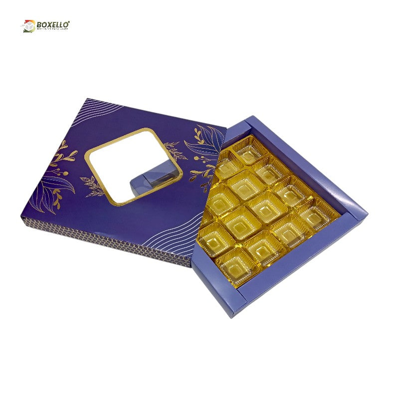 16 Pcs Chocolate Box with Gold foiling | Golden Tray ( 7.5" x 7.5" x 1" )