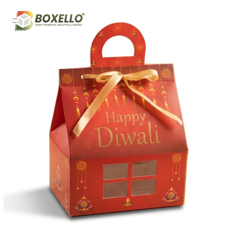 Diwali Red Hut Shape Hamper Box ( 7"x7"x3.75")