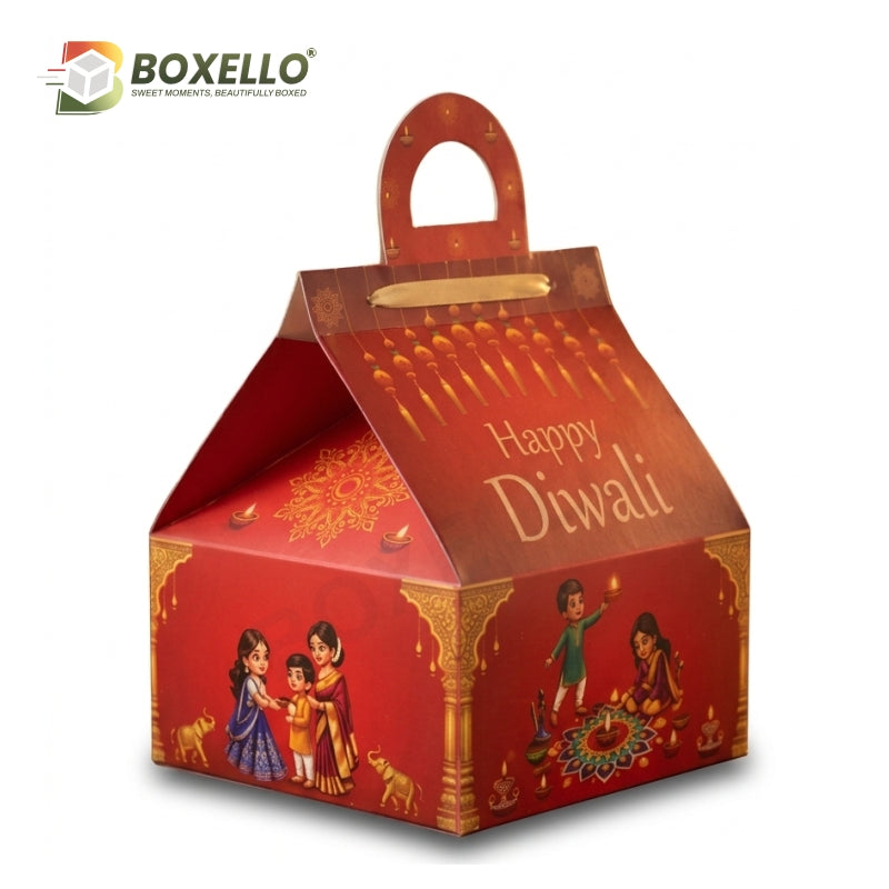 Diwali Red Hut Shape Hamper Box ( 7"x7"x3.75")