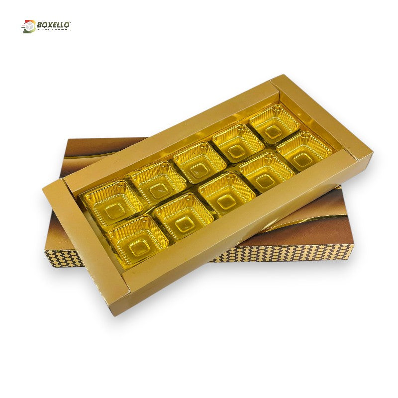 10 Pcs Chocolate Box with Gold Foiling | Golden Tray ( 9.5" x 3.9" x 1" )