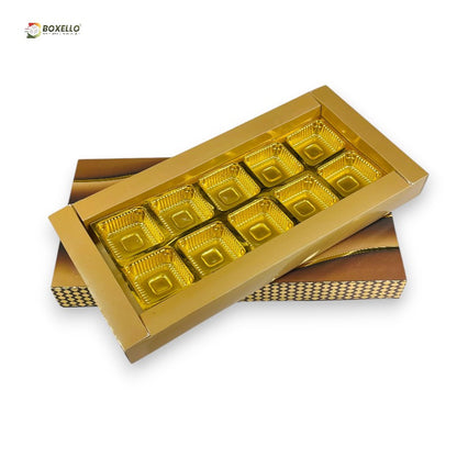 10 Pcs Chocolate Box with Gold Foiling | Golden Tray ( 9.5" x 3.9" x 1" )
