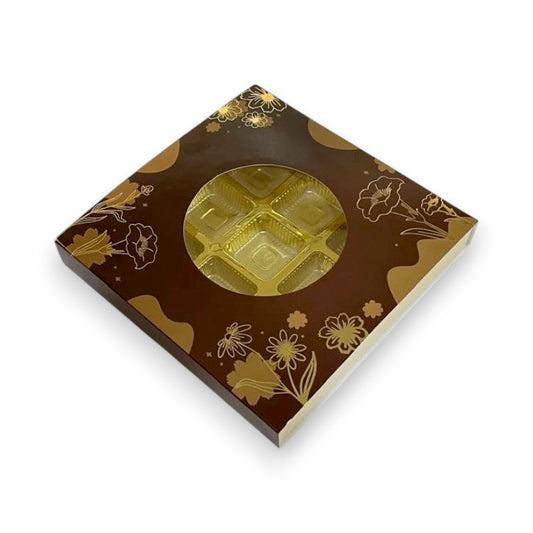 9 Pcs Chocolate Box with Gold Foiling | Golden Tray ( 5.7" x 5.7" x 1")