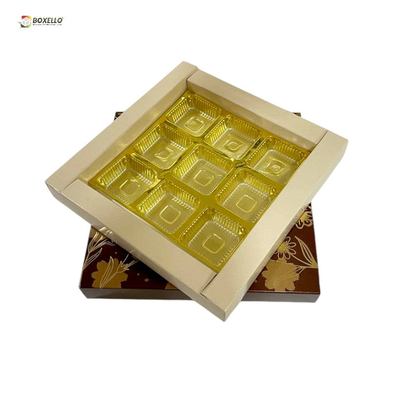 9 Pcs Chocolate Box with Gold Foiling | Golden Tray ( 5.7" x 5.7" x 1")
