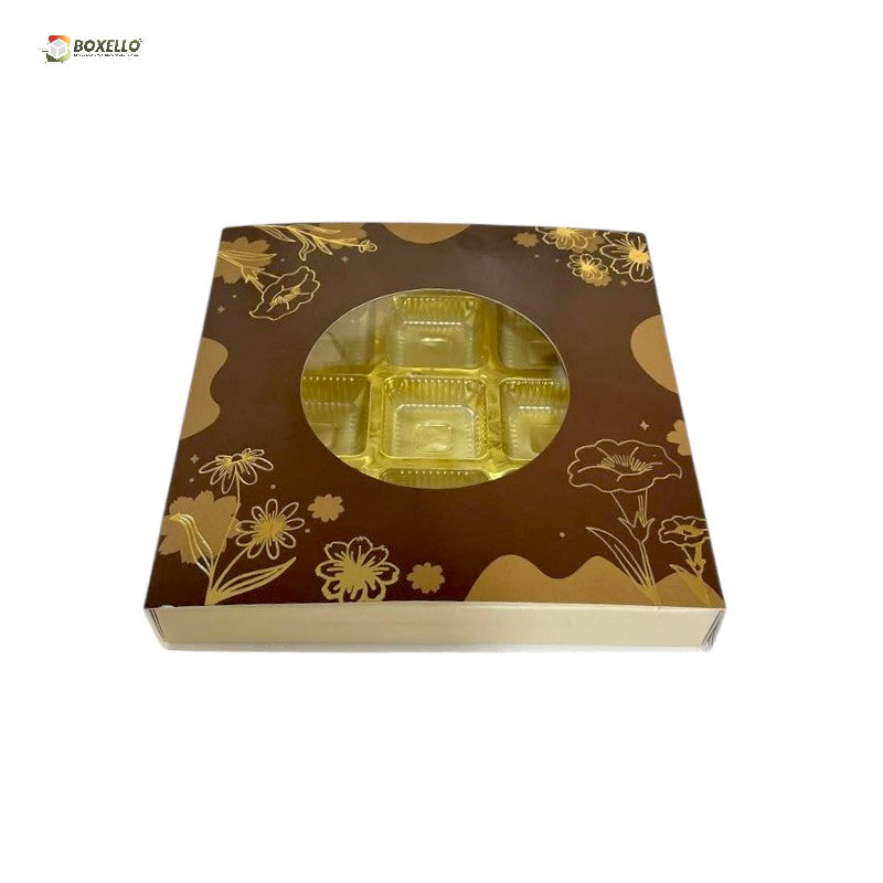 9 Pcs Chocolate Box with Gold Foiling | Golden Tray ( 5.7" x 5.7" x 1")