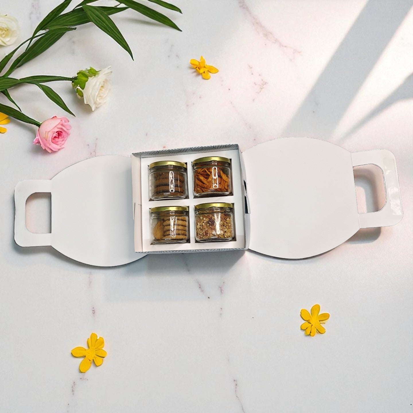 Gable Hamper Box with 4 Salsa Jars cavity  ( 9"x8.5"x3.5")